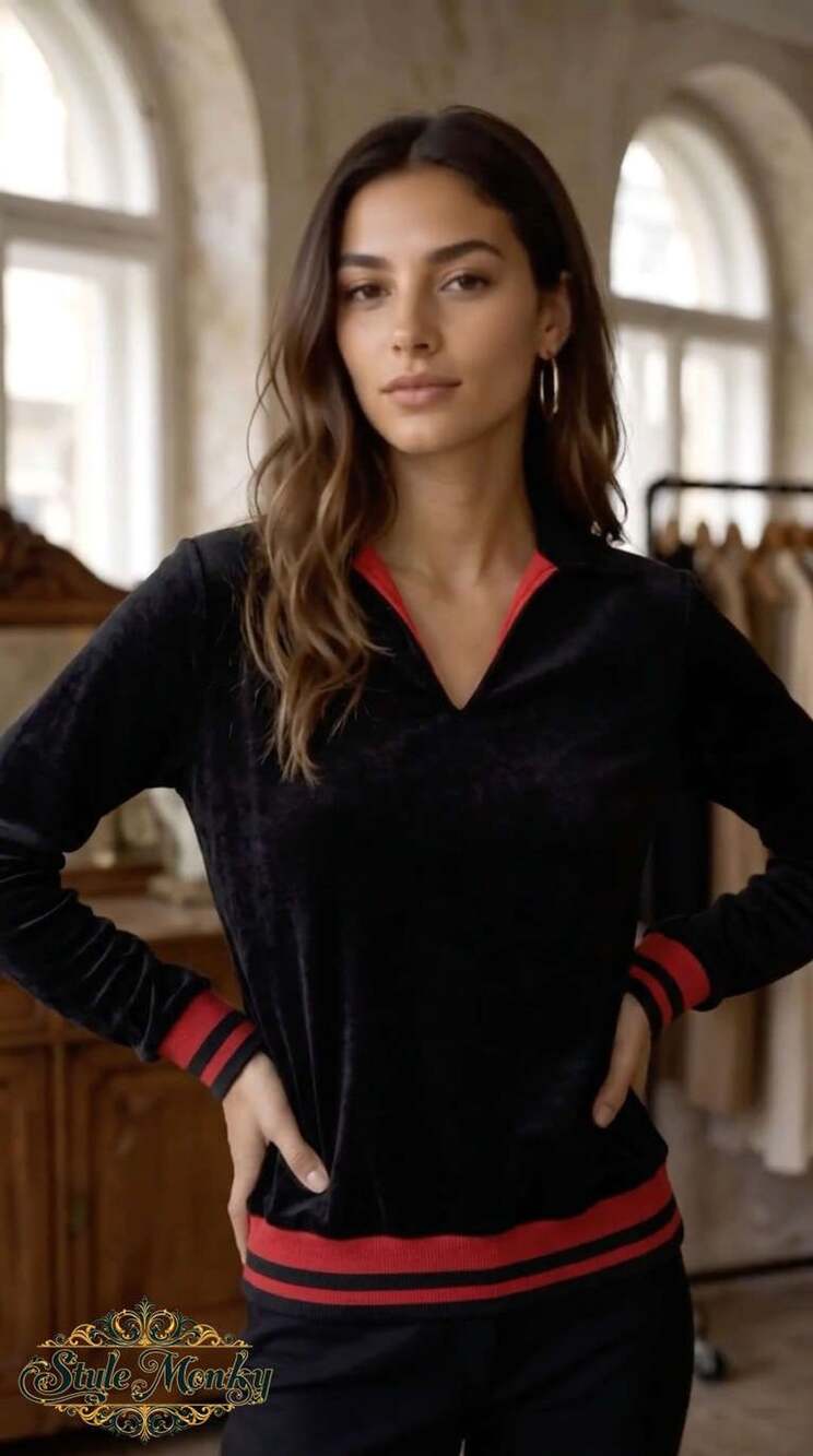 Ground Rules Sweatshirt Size S Black Velour V-Neck Striped Trim